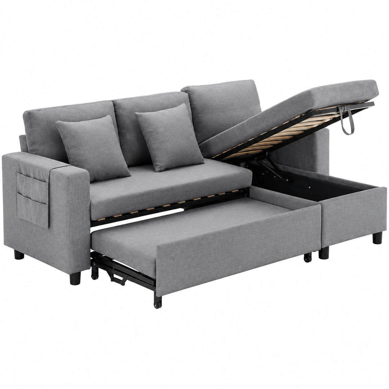 HAINEW L-Form Schlafsofa mit Bettfunktion und Stauraum, 3-Sitzer Eckcouch mit Becherhalter, Austauschbare Chaiselongue, Dunkelgrau