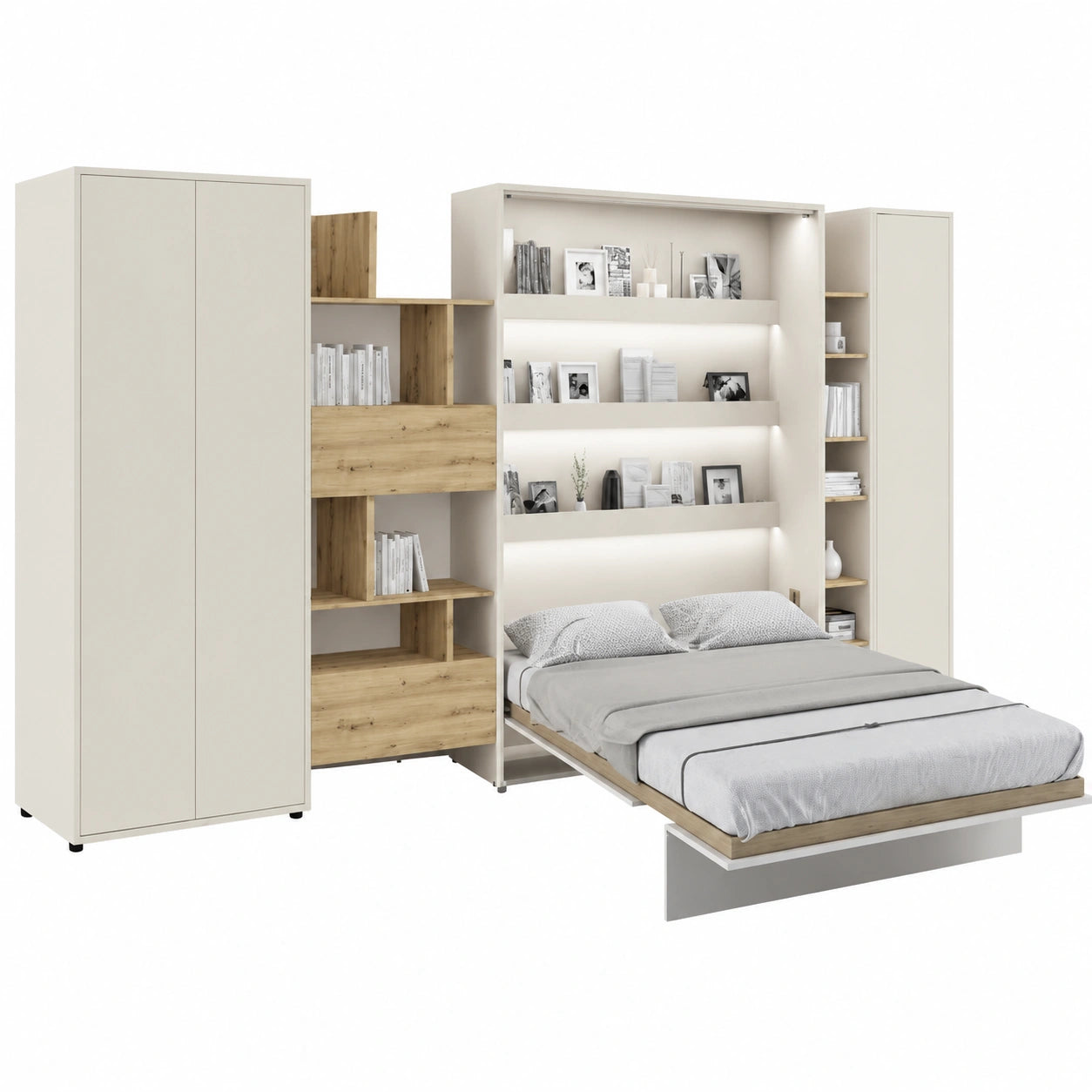 Multifunktionsschrankbett 90x200 mit Kleiderschrank und Regalen, inkl. Kashmir Matratze