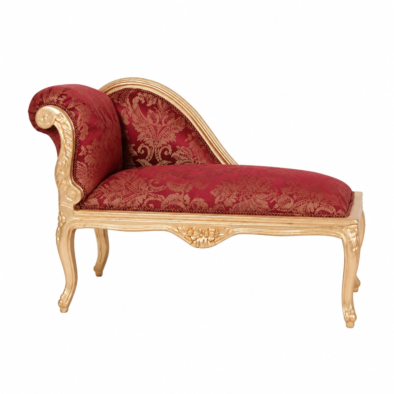 Luxuriöse Rokoko-Chaiselongue mit vergoldetem Holzrahmen, Rot-Gold Bezug