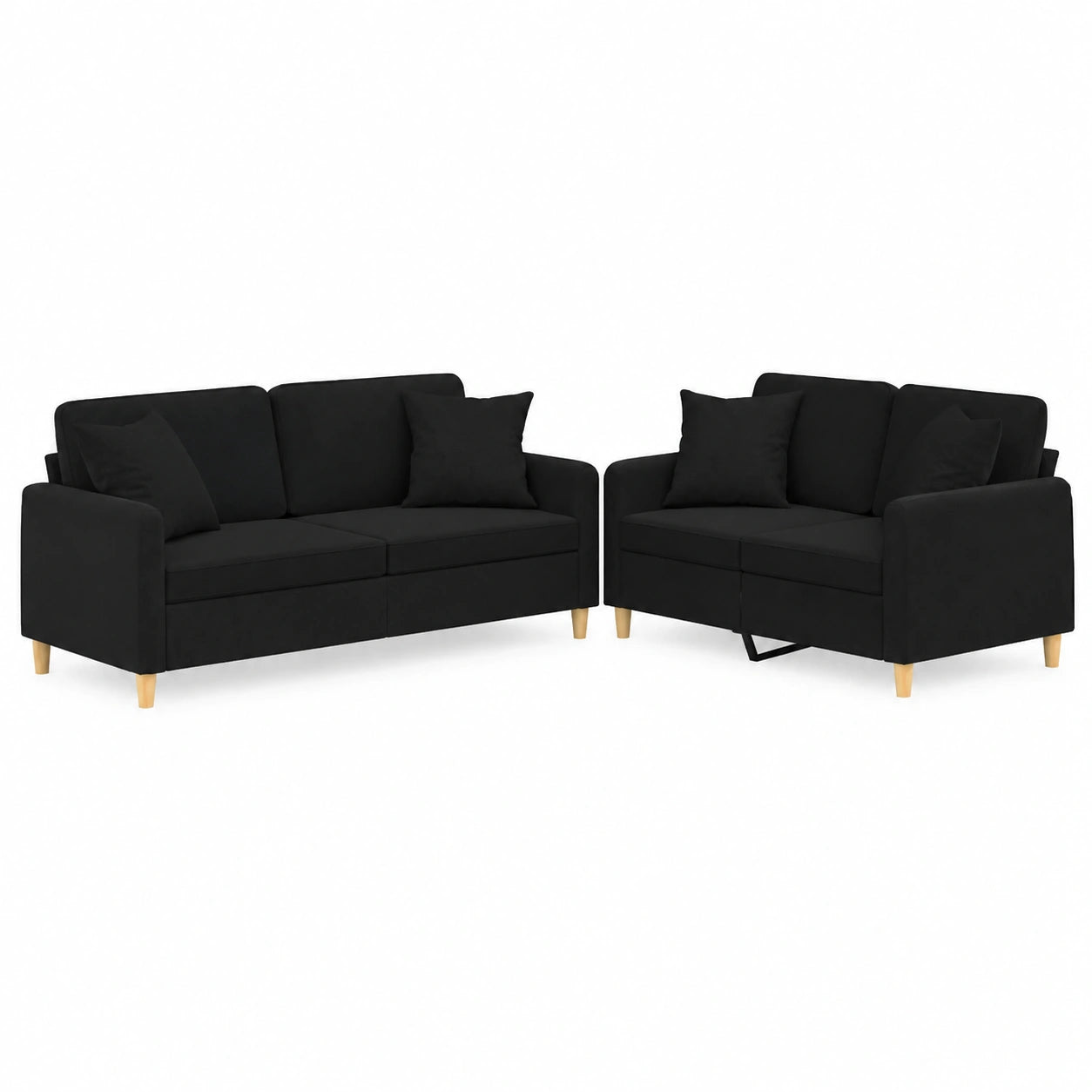 Moderne 2-teilige Sofagarnitur mit schwarzen Kissen, Stoff