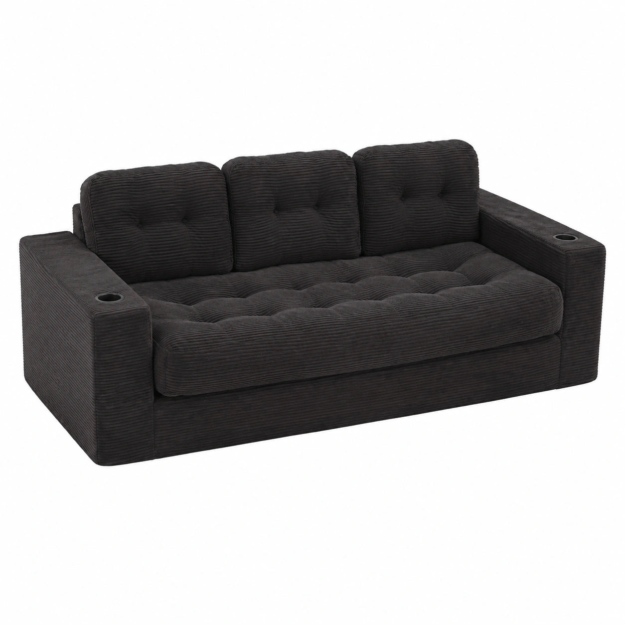 Modulares 3-Sitzer Bodensofa mit Rückenlehne aus Cord, inklusive Kissen und Getränkehalter, ideal für kleine Räume und Jugendzimmer, in Schwarz
