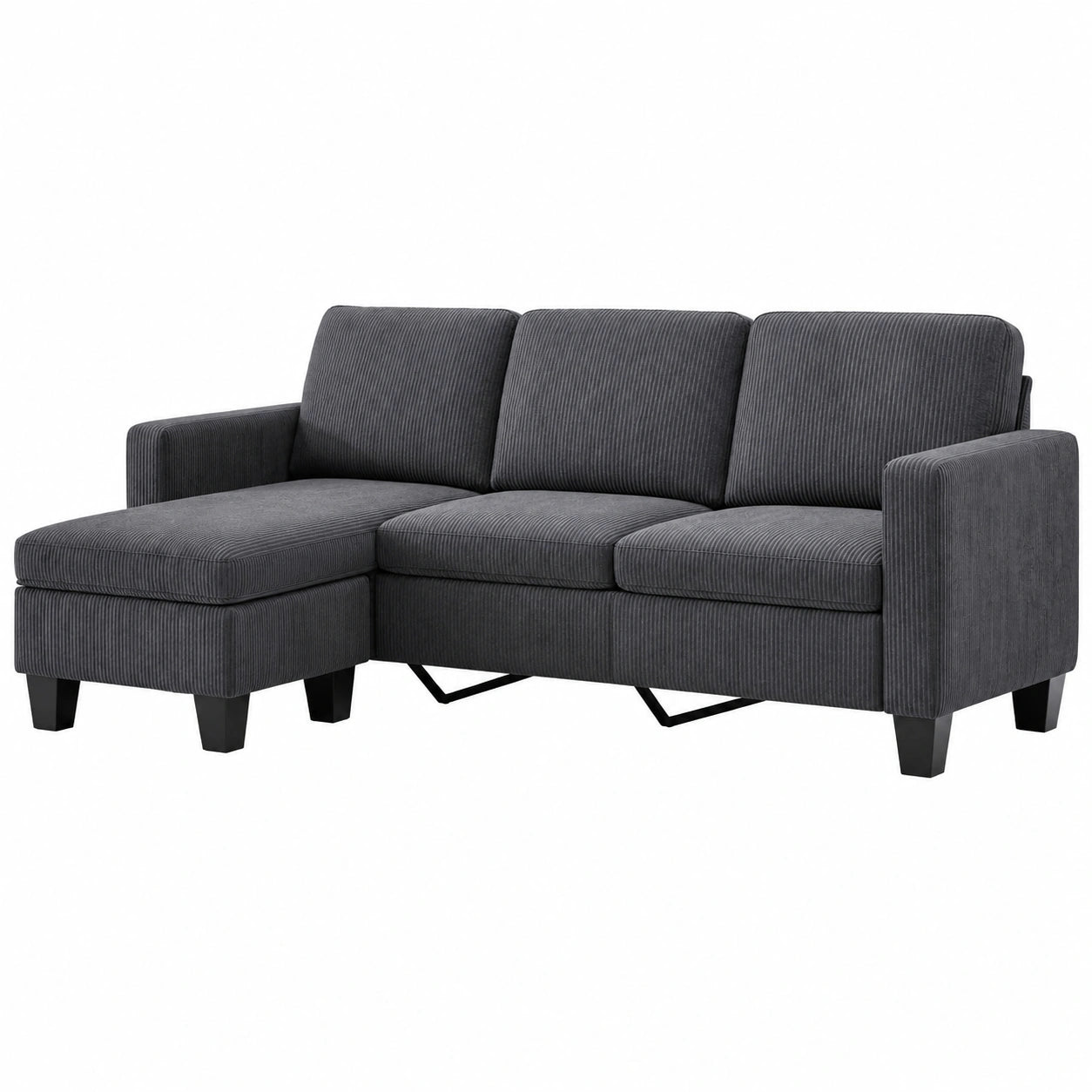Komfortables Ecksofa in L-Form, 3-Sitzer mit Chaiselongue, Leinen-Baumwoll-Mix, Dunkelgrau