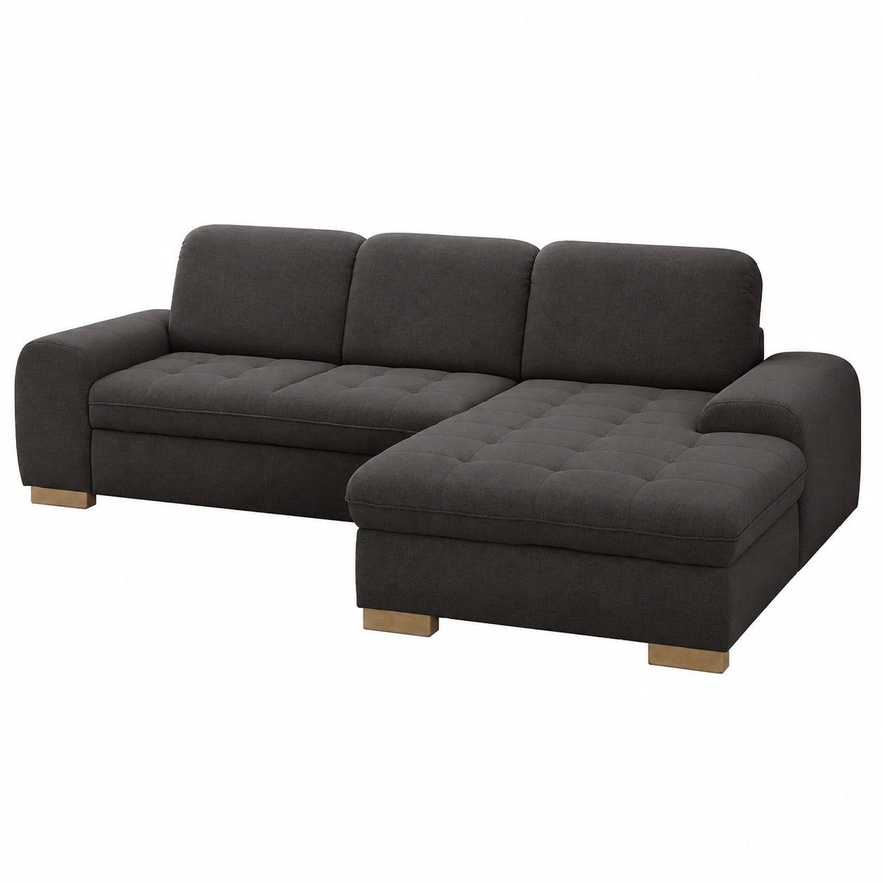 CAVADORE Ecksofa Lexi im Landhausstil mit XXL-Longchair und verstellbarer Kopfstütze, Federkern, Flachgewebe Grau
