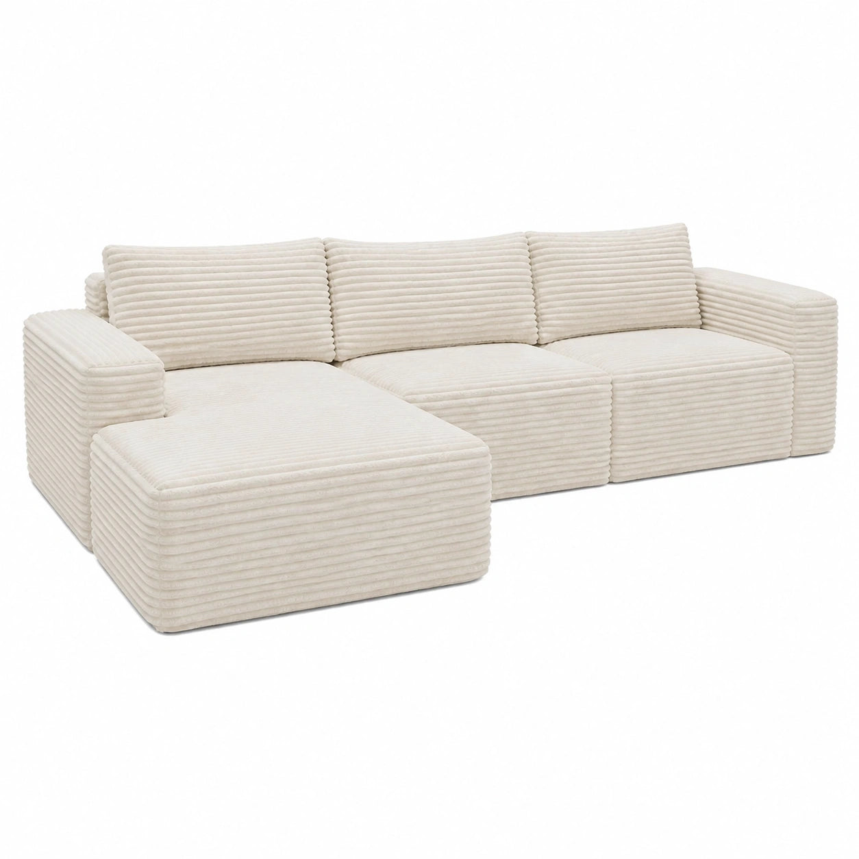 Ecksofa aus Cordstoff mit Schlaffunktion, Liegesessel und Kissen, Beige