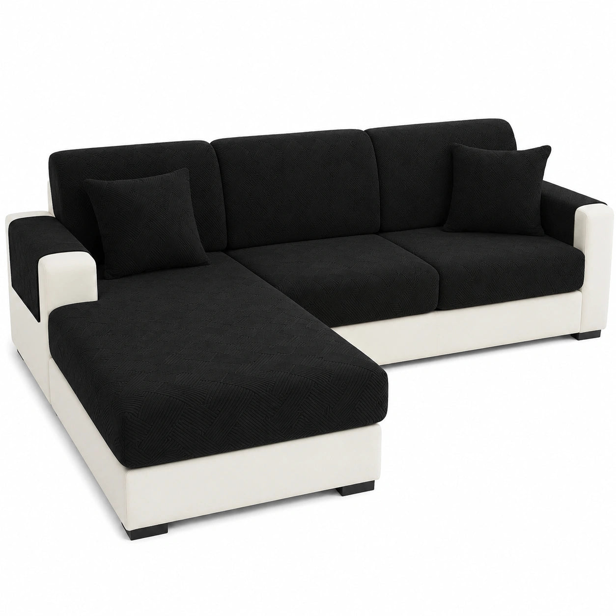 Elastischer Sofabezug, Stretch-Schonbezug für Sitzkissen, Couch- und Chaiselongue-Schutz (Schwarz, 1-Sitzer*2+Chaiselongue)