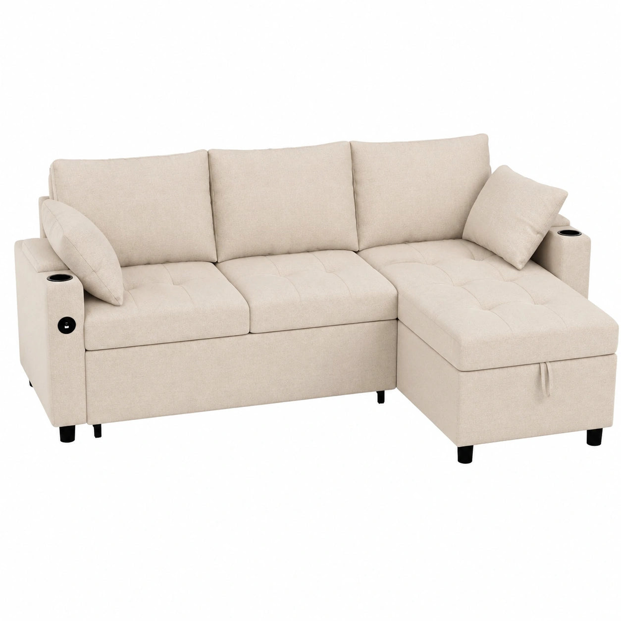 Beige YODOLLA 3-in-1 Schlafsofa mit Verstellbarer Chaiselongue, USB-Anschlüssen & Tassenhalter, Leder-Ausziehcouch mit Bettkasten für Wohnzimmer