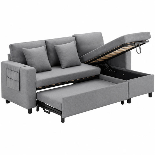HAINEW L-Form Schlafsofa mit Bettfunktion und Stauraum, 3-Sitzer Eckcouch mit Becherhalter, Austauschbare Chaiselongue, Dunkelgrau
