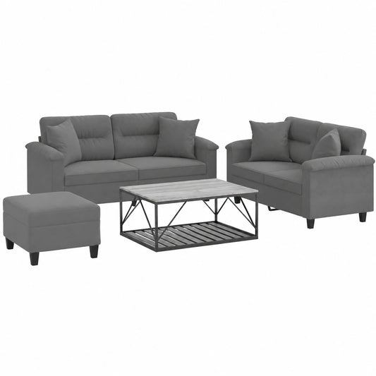 3-teilige Sofagarnitur mit Kissen, dunkelgrau, Mikrofaser