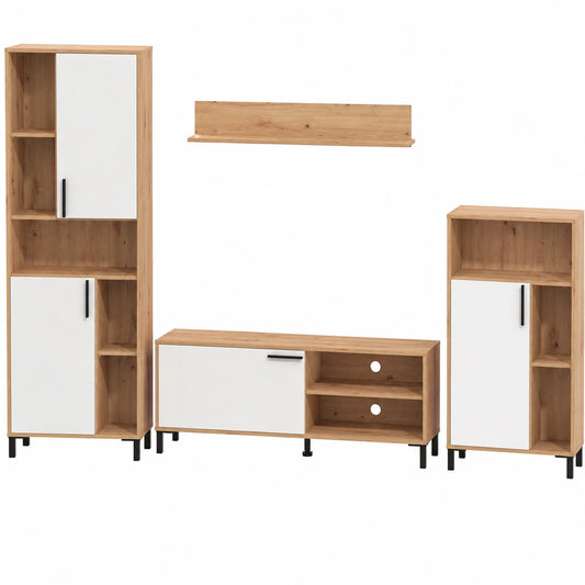 Moderne Wohnwand in Eiche und Weiß Hochglanz mit Regalfächern
