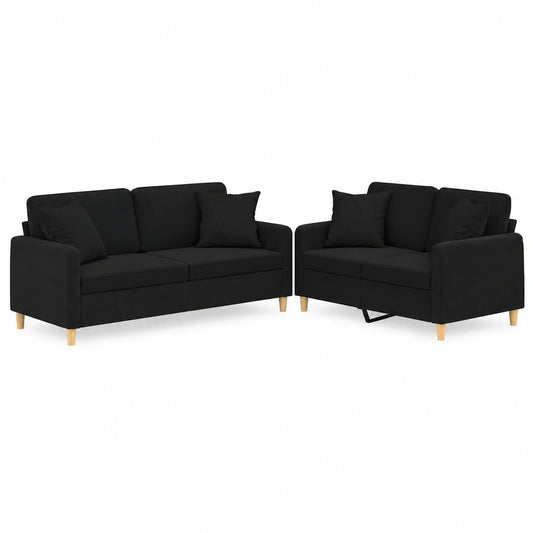 Moderne 2-teilige Sofagarnitur mit schwarzen Kissen, Stoff