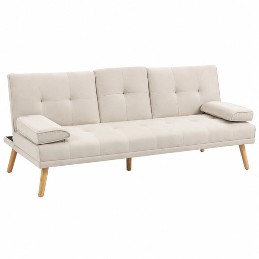 HOMCOM 3-Sitzer Schlafsofa mit Klapptisch und Becherhalter, Leinenoptik, Gästebett für Wohnzimmer, Beige