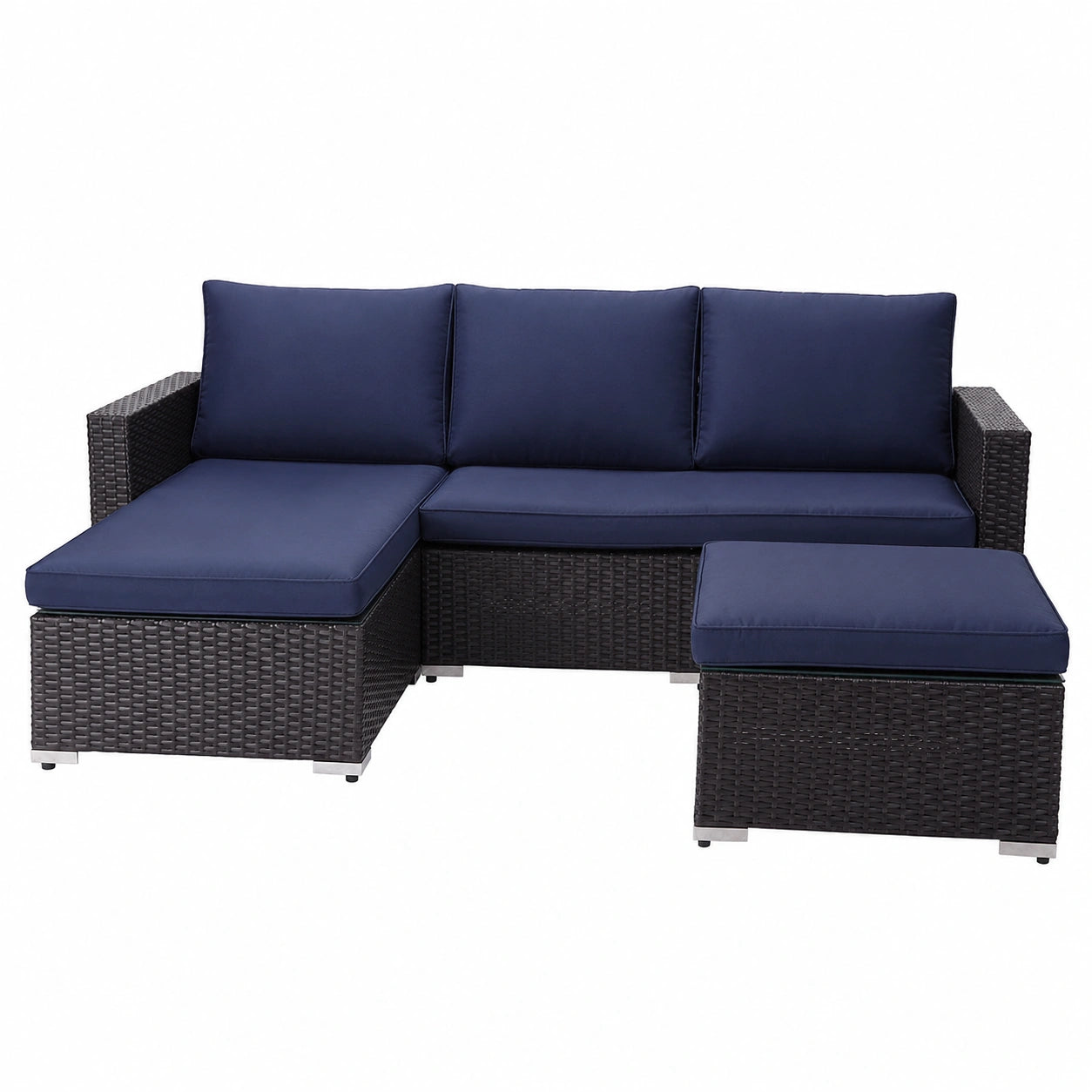 3-teiliges Gartenmöbel-Set aus Rattan mit Sofa, Chaiselongue und Tisch, Braun/Blau