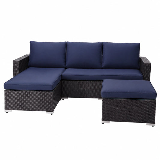 3-teiliges Gartenmöbel-Set aus Rattan mit Sofa, Chaiselongue und Tisch, Braun/Blau