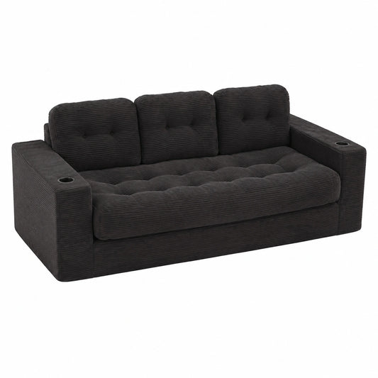 Modulares 3-Sitzer Bodensofa mit Rückenlehne aus Cord, inklusive Kissen und Getränkehalter, ideal für kleine Räume und Jugendzimmer, in Schwarz