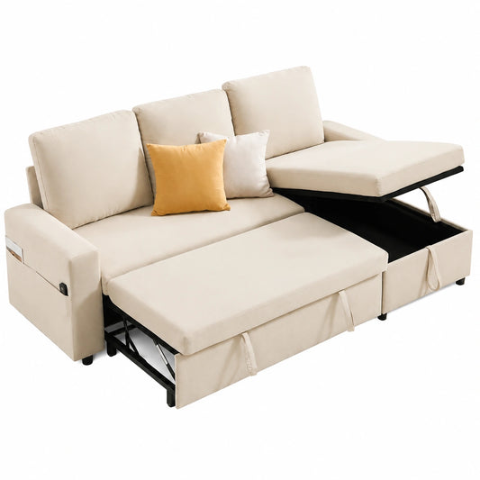 LUXOAK Eckschlafsofa mit Bettkasten und Bettfunktion, modernes Design, 3-Sitzer, ideal für Wohnzimmer und Apartments, Weiß
