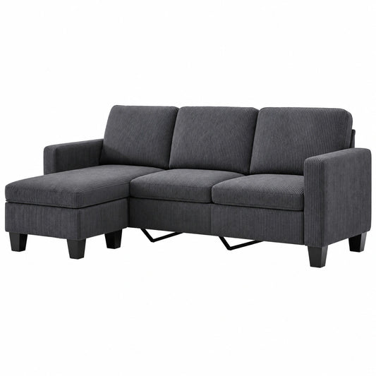 Komfortables Ecksofa in L-Form, 3-Sitzer mit Chaiselongue, Leinen-Baumwoll-Mix, Dunkelgrau
