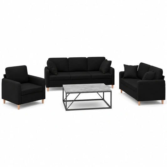 Moderne 3-teilige Sofagarnitur mit Kissen in Schwarz
