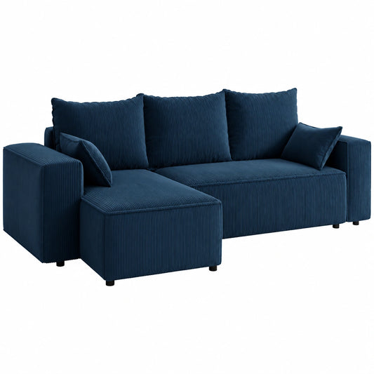 Ecksofa mit Schlaffunktion und Bettkasten Tobi, 246x145 cm, L-Form, Universal, Cord Poso 05 Kobalt