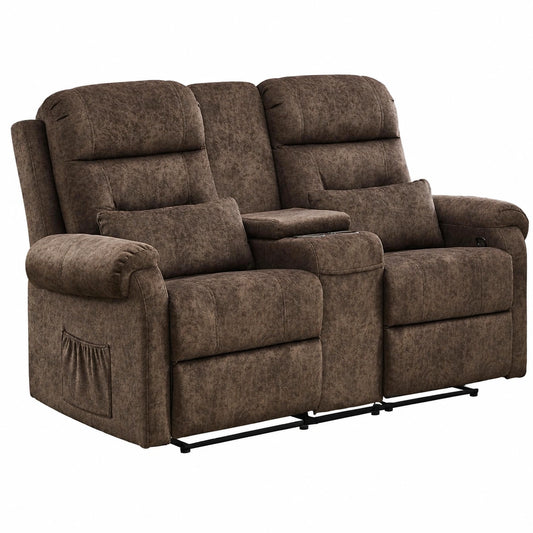 Zweisitziges Relaxsofa mit Liegefunktion, Getränkehaltern und Stauraum, in Braunem Stoffbezug
