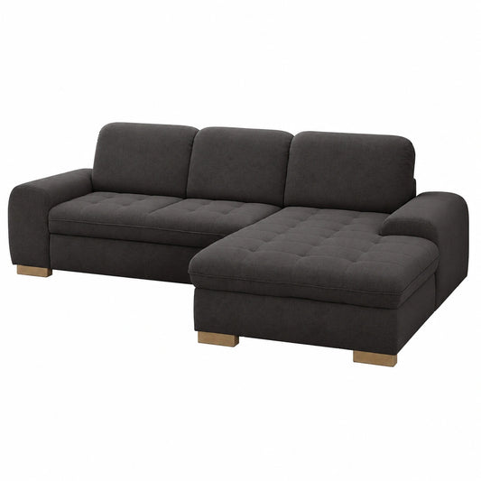 CAVADORE Ecksofa Lexi im Landhausstil mit XXL-Longchair und verstellbarer Kopfstütze, Federkern, Flachgewebe Grau