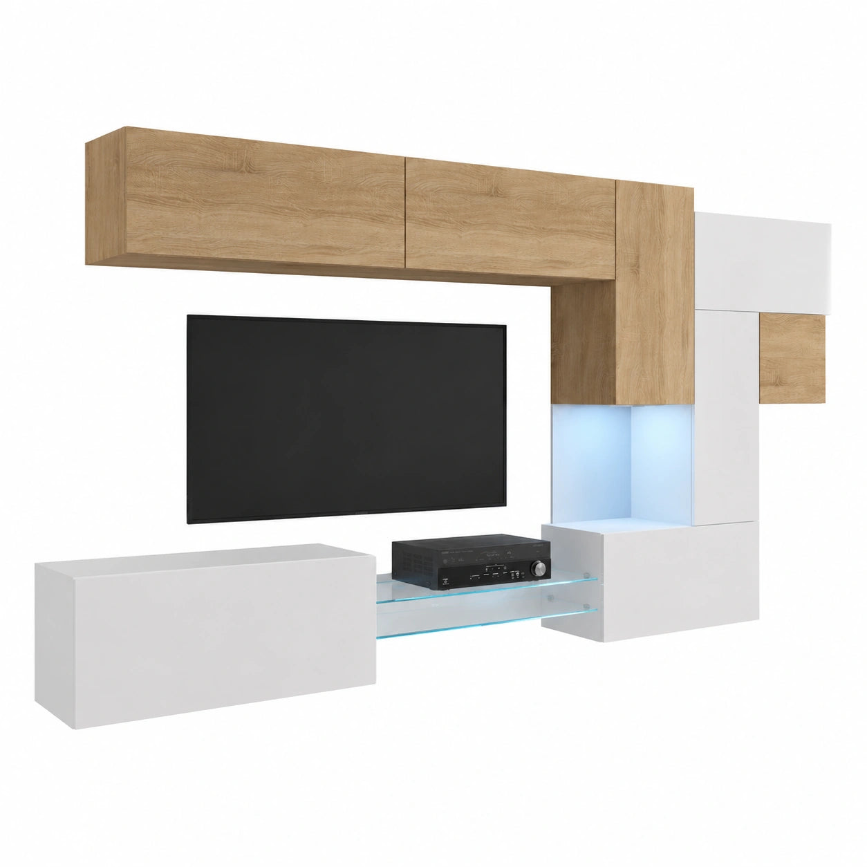Moderne Wohnwand mit LED-Beleuchtung für Wohnzimmer – Hängendes Design mit Regalen und TV-Schrank