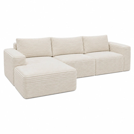Ecksofa aus Cordstoff mit Schlaffunktion, Liegesessel und Kissen, Beige