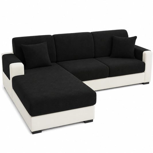 Elastischer Sofabezug, Stretch-Schonbezug für Sitzkissen, Couch- und Chaiselongue-Schutz (Schwarz, 1-Sitzer*2+Chaiselongue)
