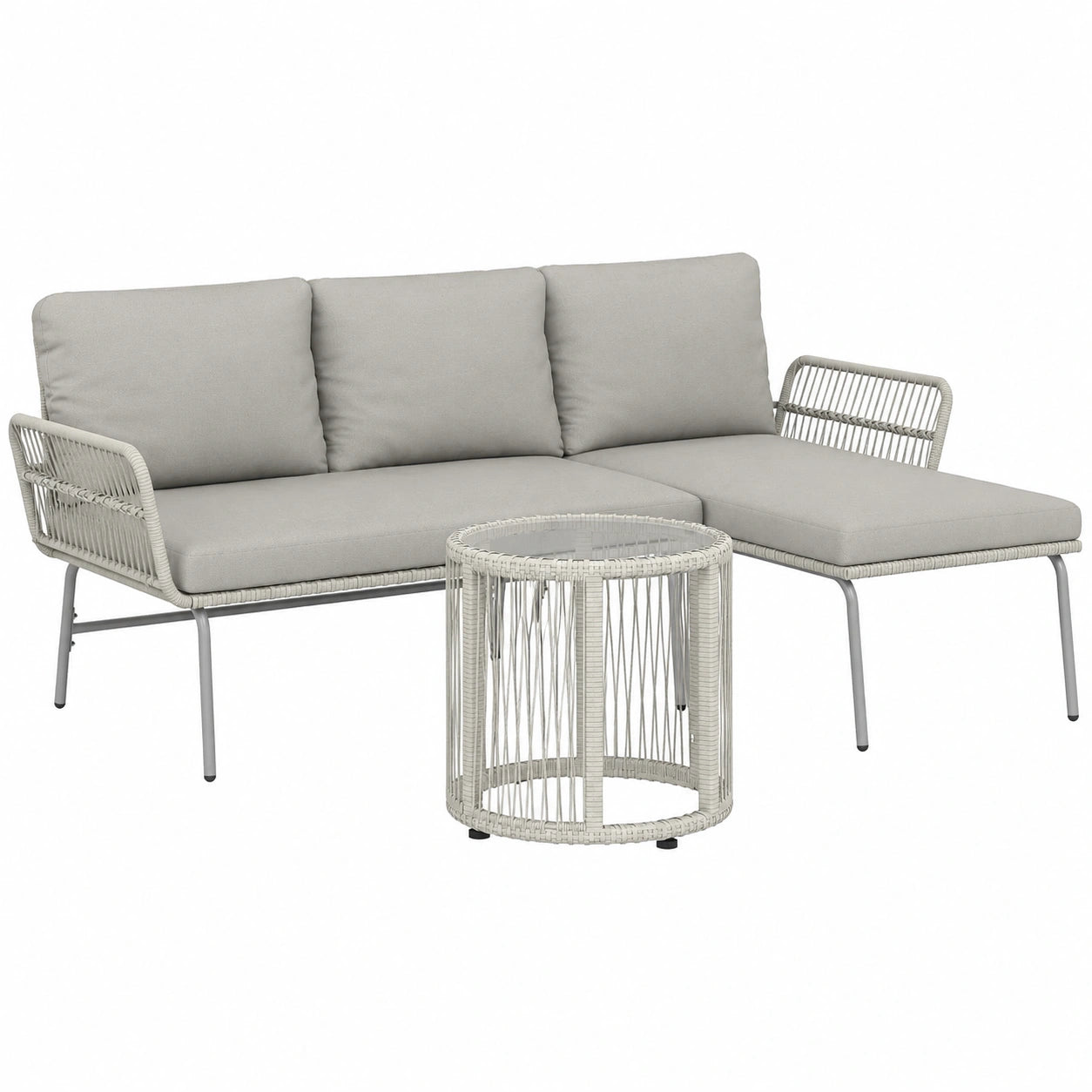 3-teiliges Polyrattan Gartenset: Chaiselongue, Zweisitzersofa & Glastisch in Hellgrau