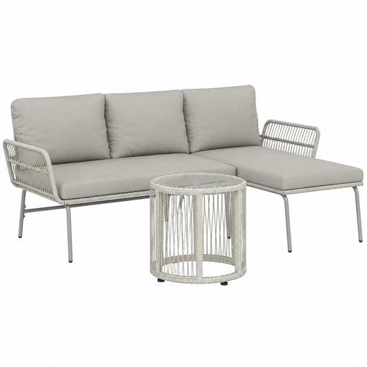 3-teiliges Polyrattan Gartenset: Chaiselongue, Zweisitzersofa & Glastisch in Hellgrau