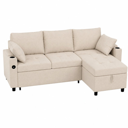 Beige YODOLLA 3-in-1 Schlafsofa mit Verstellbarer Chaiselongue, USB-Anschlüssen & Tassenhalter, Leder-Ausziehcouch mit Bettkasten für Wohnzimmer