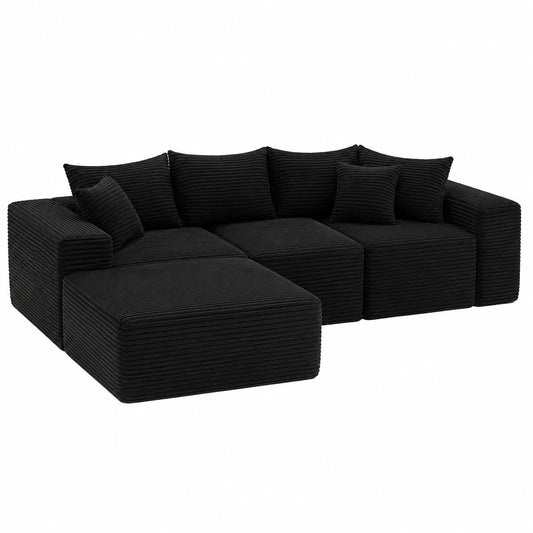 Modulares Ecksofa mit Chaiselongue, Samt-Futon, Tiefer Sitz, Schaumstoffpolsterung, Keine Montage erforderlich, Modernes Design für Wohnzimmer, Schwarz