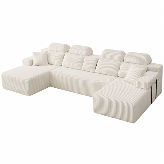 Hochwertiges U-Form Schlafsofa aus Cord, 360cm, mit Ottomane, 5-Sitzer, Freistehend, Keine Montage, Weiß